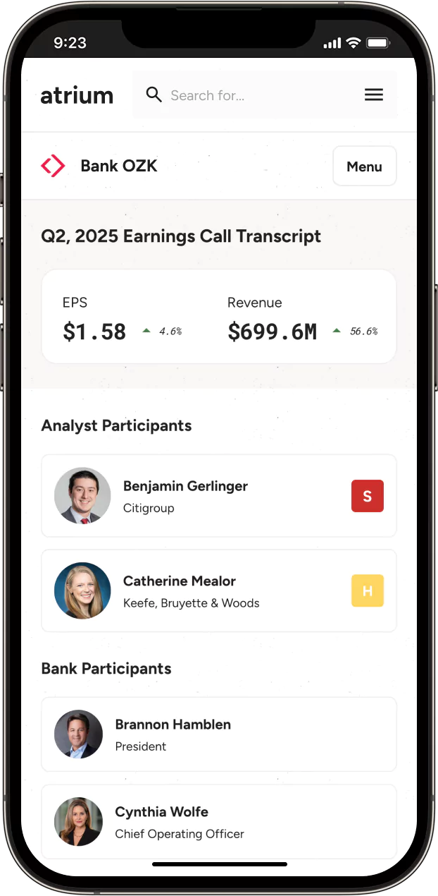 Mockup of earnings call transcripts in the Atrium product