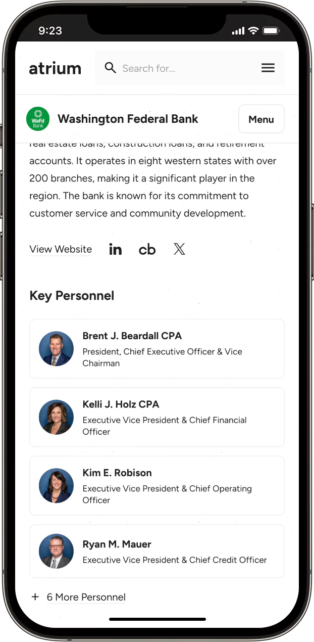 Mockup of bank's key personnel in the Atrium product