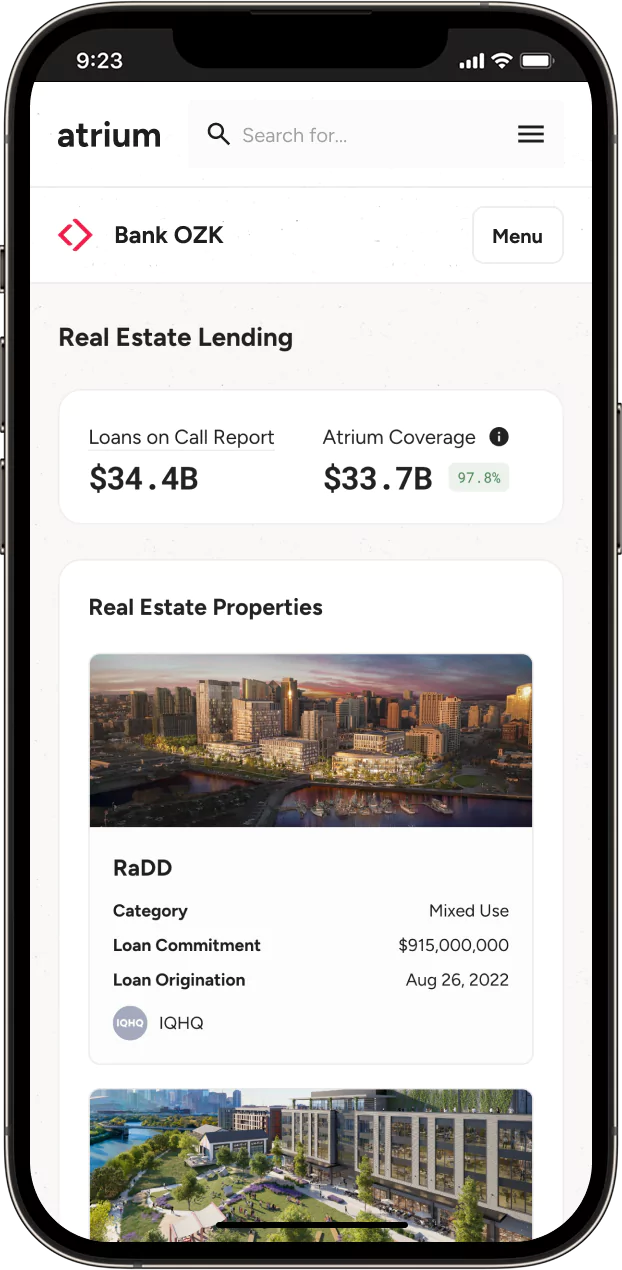 Mockup of real estate lending data in the Atrium product