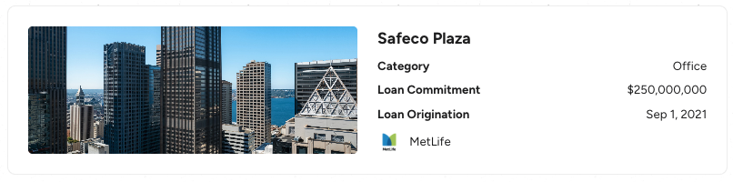 Safeco Plaza property card from Atrium showing $250 million loan commitment from MetLife