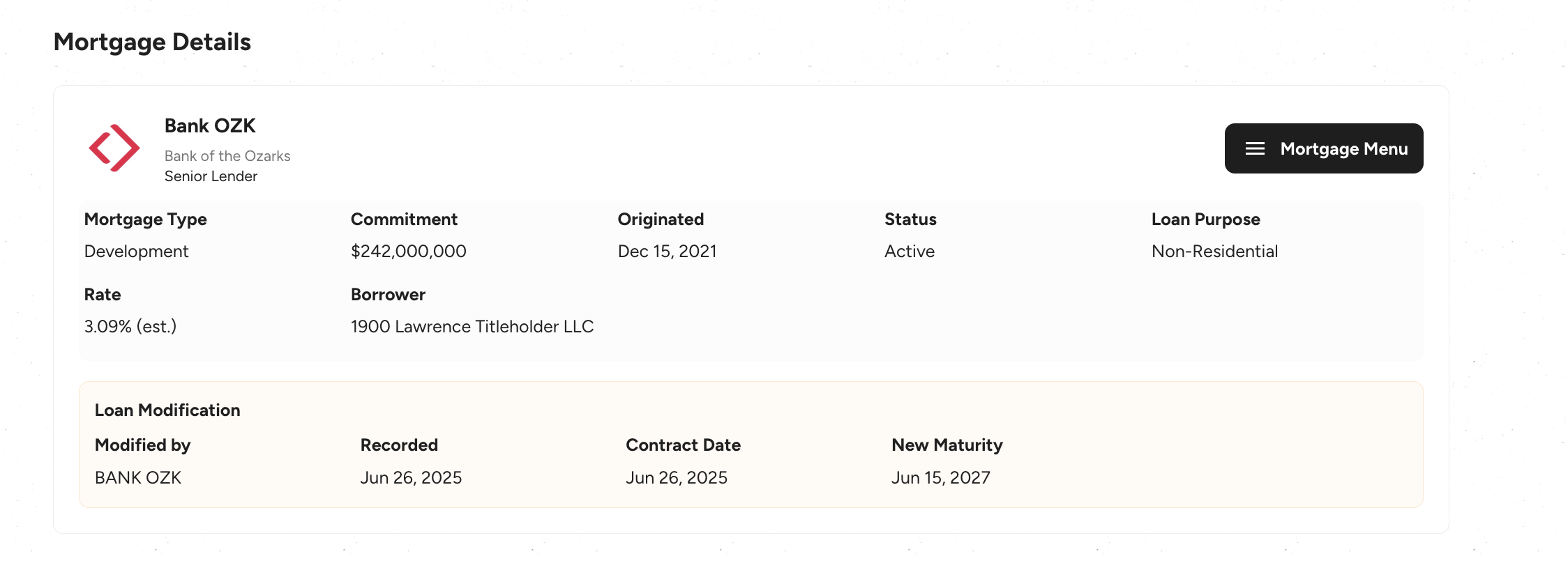 Bank OZK loan modification with new maturity