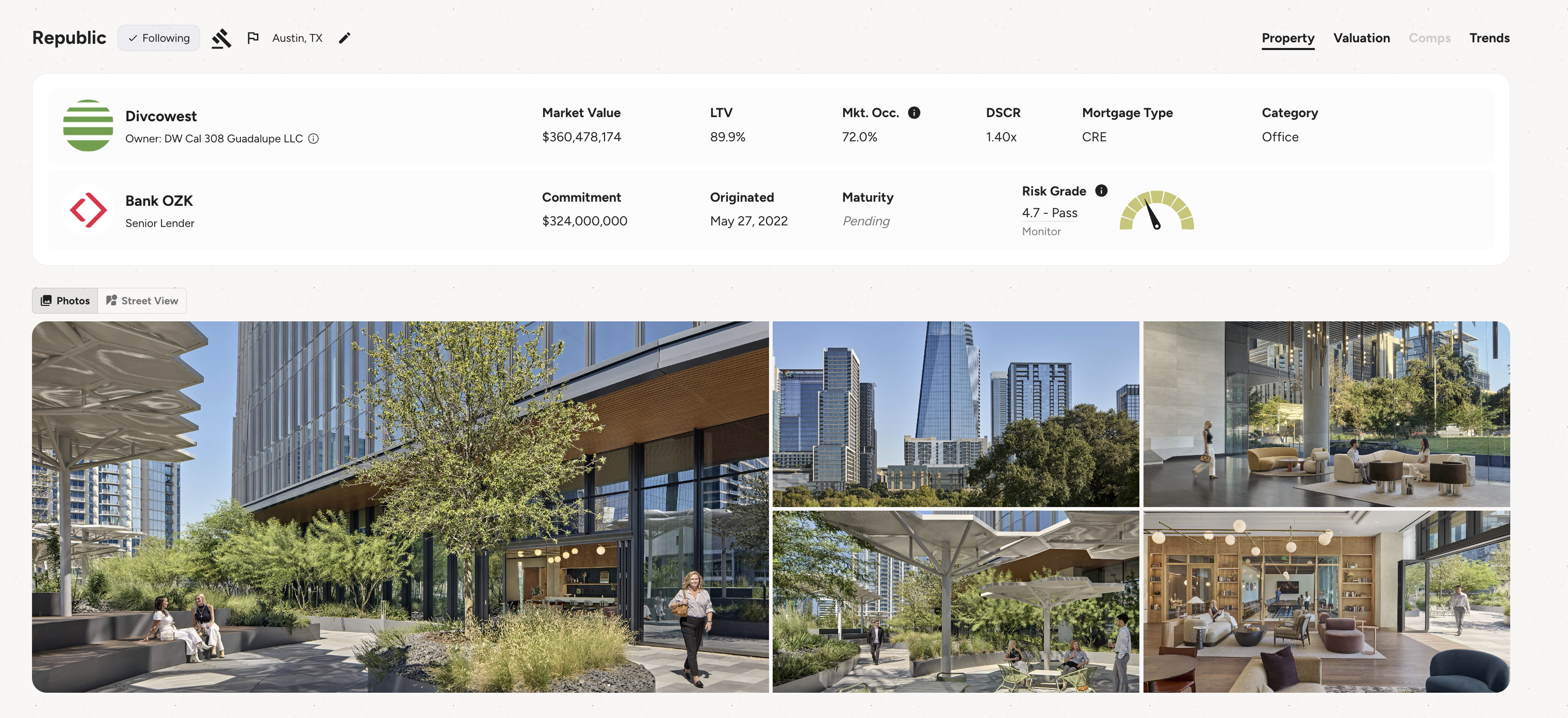 Republic Plaza property page showing unified data from multiple sources