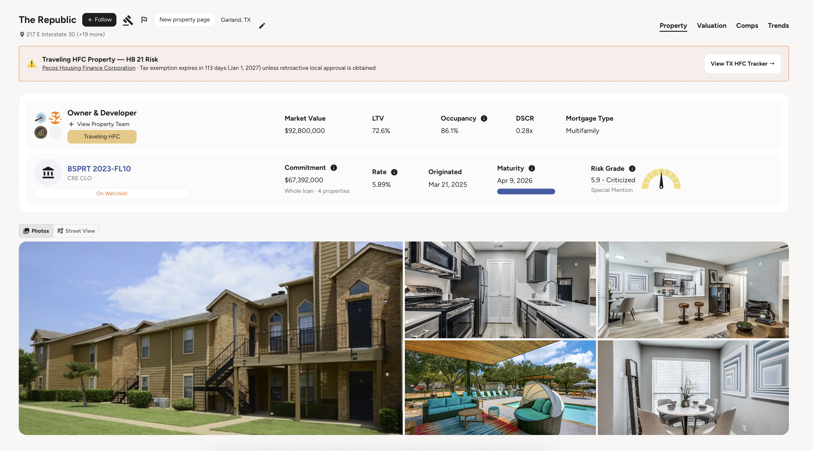 Atrium property page showing The Republic apartments in Garland TX with HFC warning banner and HB 21 risk details